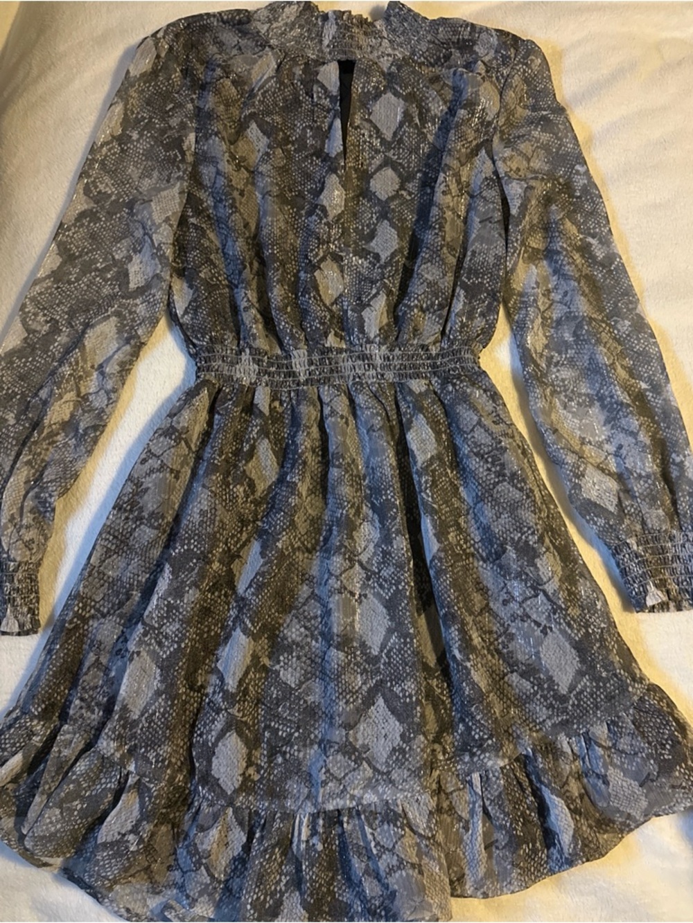 Snake Print Long-Sleeve Smocked Waist Dress - Gray